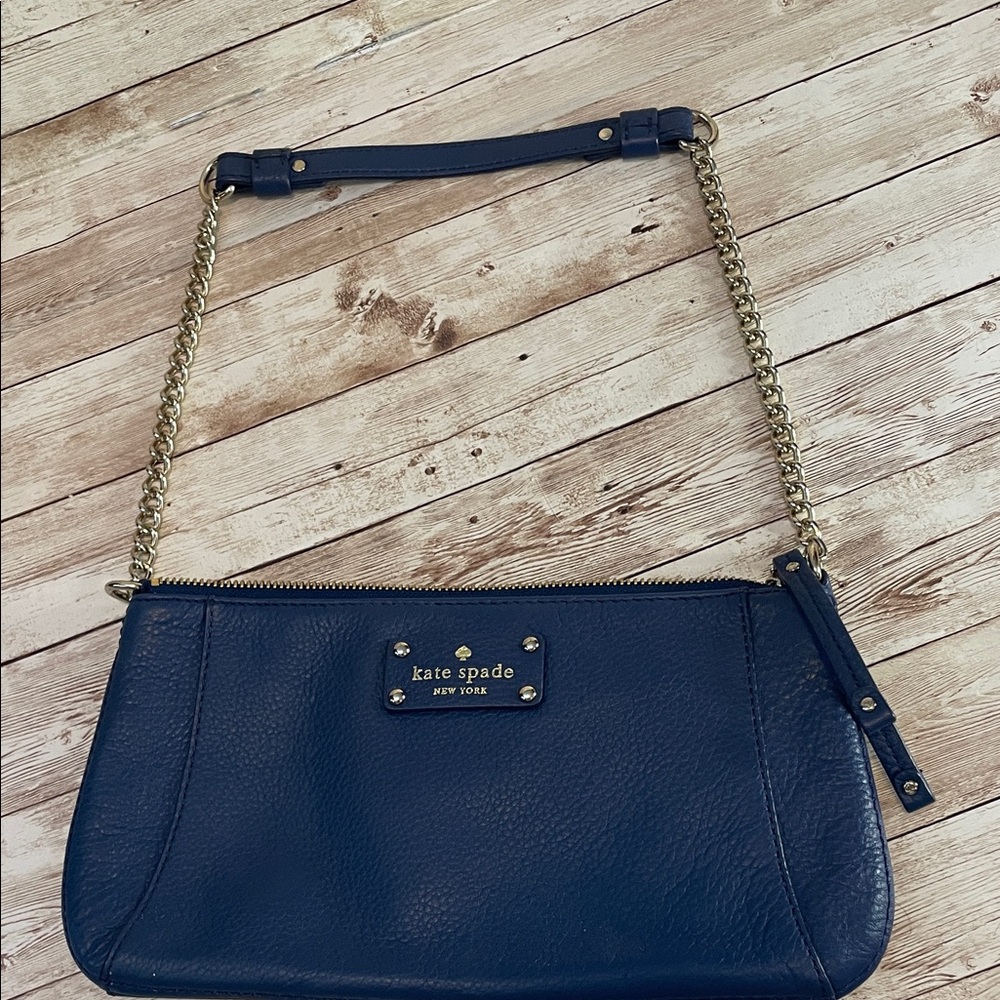 Kate Spade Blue Leather Clutch with Gold Chain